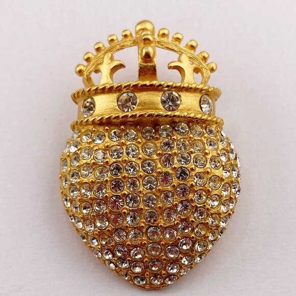 NLH Vintage clear rhinestone and gold tone metal heart and crown shaped brooch - Picture 3 of 9